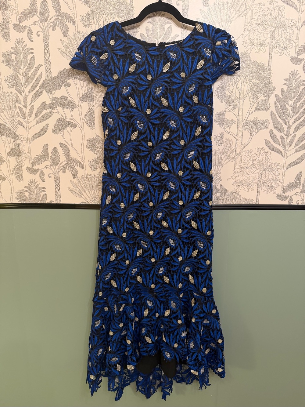 Alice + Olivia Royal Blue Lace Midi Dress with Ivory Accents